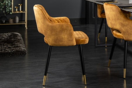 Moderne stoel mosterdgeel met decoratieve quilten en gouden voetdoppen - Img 5