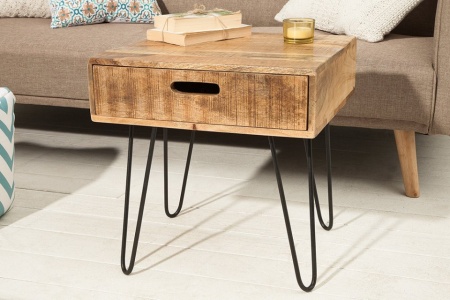 Retro bijzettafel 50cm mangohouten haarspeldpoten met lade - Img 5