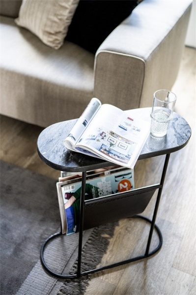 Bijzettafel ovaal Marmeren blad met leder kranten vak - Img 4