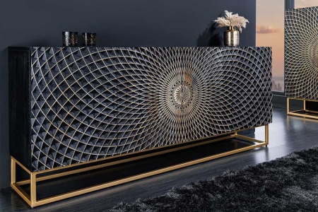 Design dressoir ILLUSION 180cm zwart mangohout massief hout goud ijzer metalen frame - Img 3