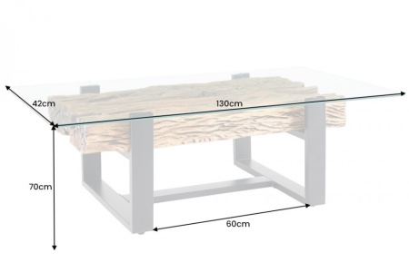 Design salontafel BARRACUDA 130cm gerecycleerd teak glasblad zwart RVS industrieel - Img 2