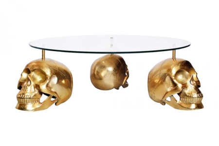 Design salontafel SKULL XXL 90 cm goud rond glazen blad metalen schedel handgemaakt - Img 6