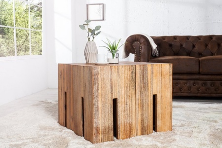 Elegante bijzettafel 30cm acaciahout geborstelde poef - Img 2