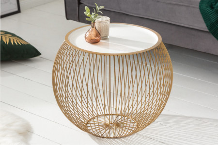 Elegante salontafel STORAGE 51 cm goud witte opbergmand met dienblad