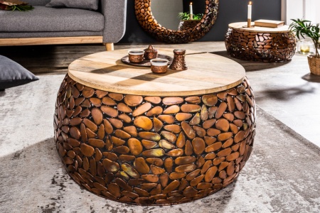 Handgemaakte set van 2 salontafels STONE MOSAIC 65cm koper acacia hout mozaïek look - Img 4