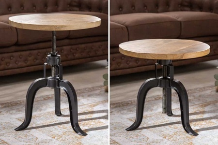 Height adjustable side table ENGINEER 50cm mango wood industrial design solid round iron