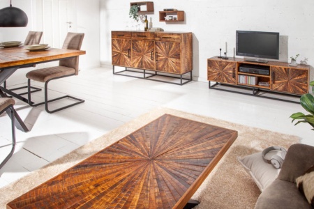 Industrieel tv-meubel WOOD ART 145cm mangohout met houten mozaïek handgemaakt - Img 8