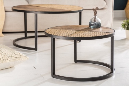 industriële mangohout salontafels set van twee VIENNA LOUNGE 70 cm rond met vlechtwerk - Img 4
