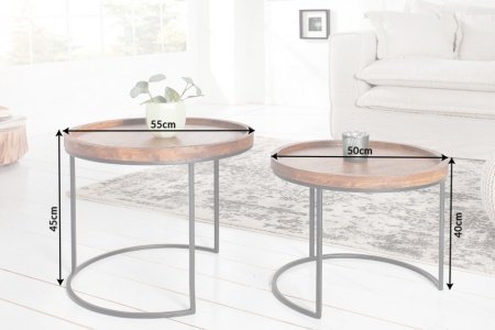 Industriële set van 2 bijzettafels ELEMENTS 55 cm acacia massief hout steen afwerking - Img 5