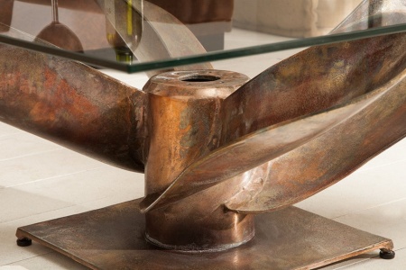 Maritieme salontafel OCEAN L 85cm antiek koper met scheepsschroef en glazen blad - Img 7