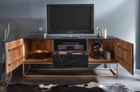 Massief mangohout zwart tv-meubel 160 cm, gedetailleerd 3D-houtsnijwerk - Img 6