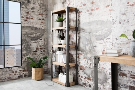 Massieve design boekenkast FACTORY 180cm acacia teak grijs wit gehoogd met metalen behuizing - Img 3