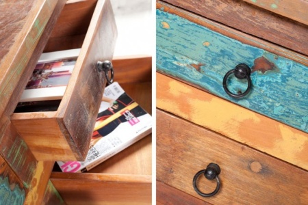 Massieve salontafel van gerecyclede houten vissersboten JAKARTA 70cm kleurrijke met lades - Img 5