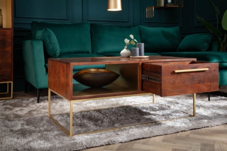 Moderne salontafel met laden acaciahout 110 cm acaciahout bruin goud - Img 4