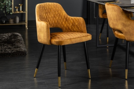 Moderne stoel mosterdgeel met decoratieve quilten en gouden voetdoppen - Img 6