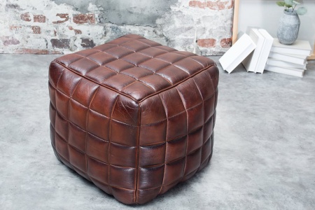 Retro zit poef RIDER 40cm bruin echt leer met sierstiksel - Img 2