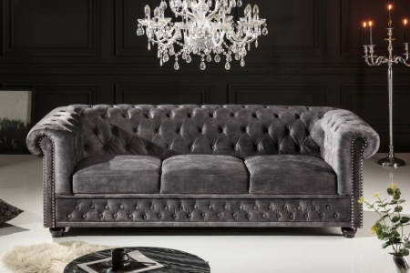 Chesterfield 3 zits bank 205cm grijs velours met knoopstiksels en binnenveren - Img 3
