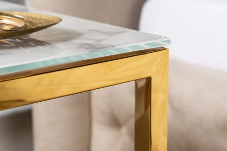 Elegante bijzettafel BOUTIQUE 45cm wit kristalglas met marmeren decor gouden frame nachtkastje - Img 3
