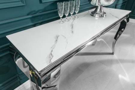 Elegante consoletafel MODERN BAROK 145 cm glasblad in marmerlook roestvrijstalen poten - Img 3