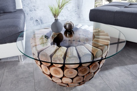 Handgemaakte salontafel PURE NATURE 70cm rond teakhout met glazen blad - Img 4