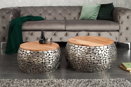 Handgemaakte set van 2 salontafels STONE MOSAIC 65cm zilver acaciahout mozaïek look - Img 2
