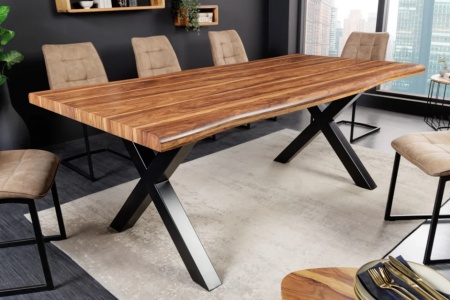 Industriele boomrand eettafel WILD 160cm naturel notenhout look met X-frame - Img 2