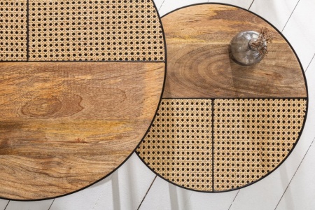 industriële mangohout salontafels set van twee VIENNA LOUNGE 70 cm rond met vlechtwerk - Img 5