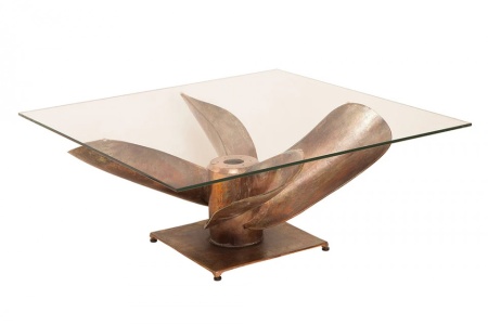 Maritieme salontafel OCEAN L 85cm antiek koper met scheepsschroef en glazen blad - Img 8