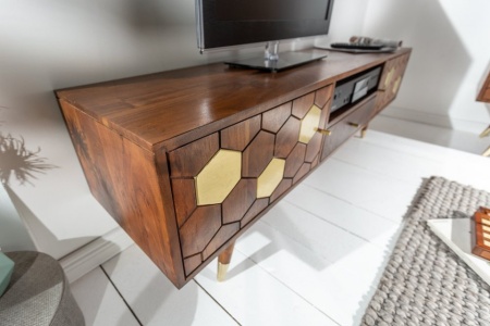 Massief tv-lowboard MISTER 140cm acacia bruin goud retro design - Img 3