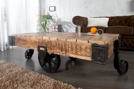 Massiev mangohout design salontafel RAILWAY 120cm met 4 wielen - Img 3