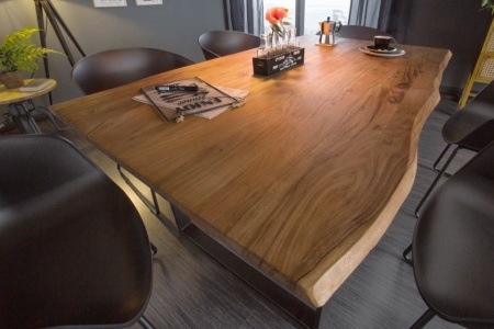 Massieve boomstam eettafel MAMMUT 140 cm wilde acacia 2,6 cm plaat industriële slede onderstel - Img 3