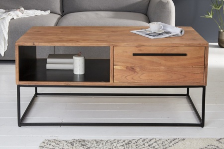 Massieve salontafel 110cm acaciahout naturel zwart met lades - Img 3