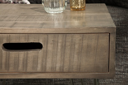 Retro bijzettafel SCORPION 50 cm grijs mangohouten haarspeldpoten met lade - Img 7