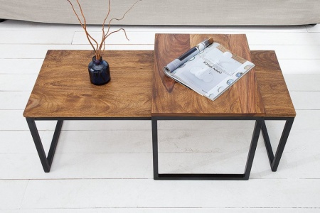 Set van 2 design salontafels ELEMENTS 100 cm metalen frame met sheeshamsteen afwerking - Img 4