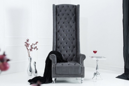 Barokke Troonstoel antiek grijs met decoratieve doorgestikte Chesterfield fauteuil - Img 2