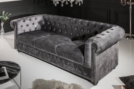 Chesterfield 3 zits bank 205cm grijs velours met knoopstiksels en binnenveren - Img 4