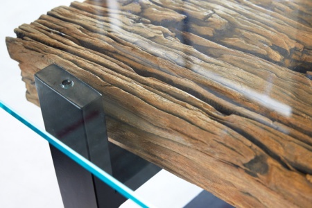 Design salontafel BARRACUDA 130cm gerecycleerd teak glasblad zwart RVS industrieel - Img 3