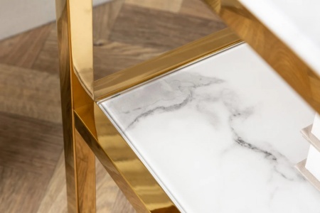 Elegante bijzettafel BOUTIQUE 45cm wit kristalglas met marmeren decor gouden frame nachtkastje - Img 4