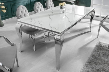 Elegante eettafel MODERN BAROK 200cm glazen blad in marmerlook roestvrijstalen poten - Img 6