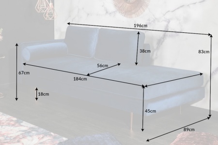 Elegante Récamière DIVA 196 cm donkerblauw fluwelen roségouden voetjes - Img 2