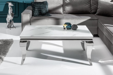 Elegante salontafel MODERN BAROK 100cm glazen blad in marmerlook roestvrijstalen poten - Img 5