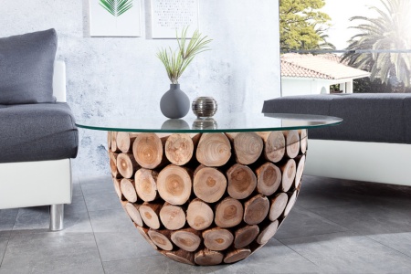 Handgemaakte salontafel PURE NATURE 70cm rond teakhout met glazen blad - Img 5