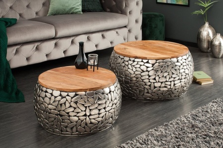 Handgemaakte set van 2 salontafels STONE MOSAIC 65cm zilver acaciahout mozaïek look - Img 3