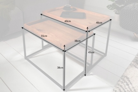Industriële set van 2 salontafels ELEMENTS 60cm naturel eiken uitneembaar dienblad - Img 2