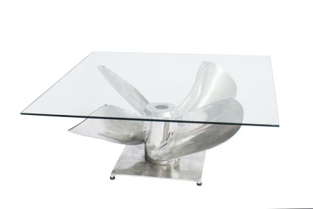 Maritieme salontafel OCEAN L 85cm zilveren antieke scheepsschroef met glazen blad - Img 7