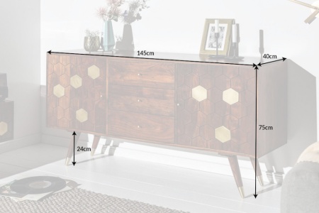Massief dressoir tv meubel 145 cm acacia bruin goud retro design - Img 2