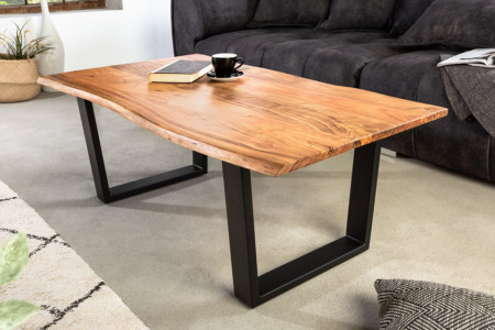 Massief houten salontafel MAMMUT 120cm natuurlijk acacia V-frame zwart 2,5cm tafelblad