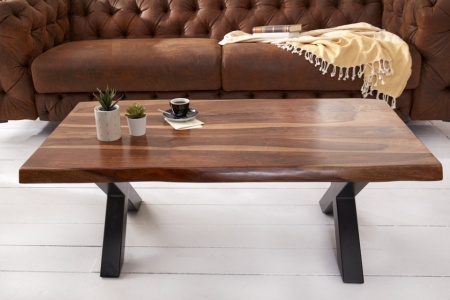 Massief salontafel met boomrand AMAZONAS 110 cm bruin sheesham met X-frame - Img 4
