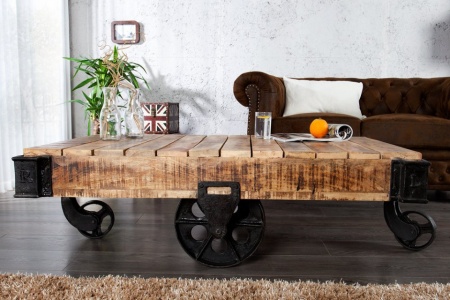 Massiev mangohout design salontafel RAILWAY 120cm met 4 wielen - Img 4