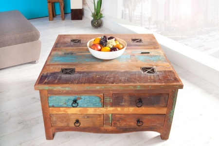Massieve salontafel van gerecyclede houten vissersboten JAKARTA 70cm kleurrijke met lades - Img 6